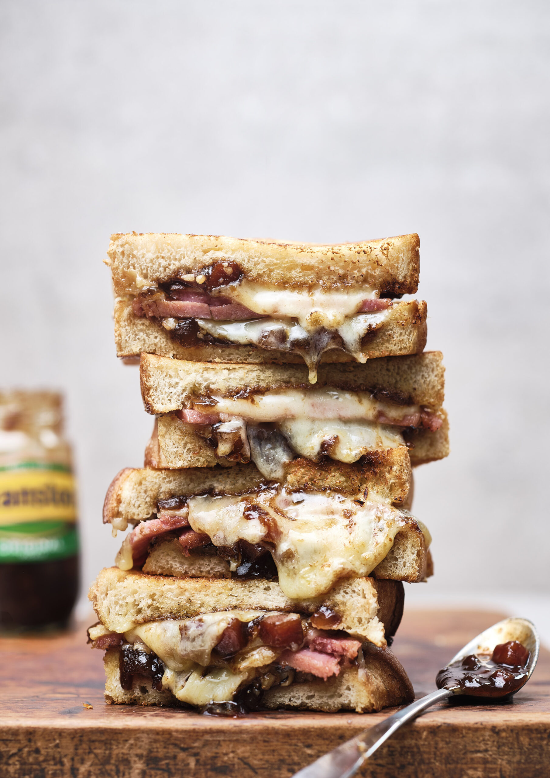 Branston cheese and ham toastie stack
